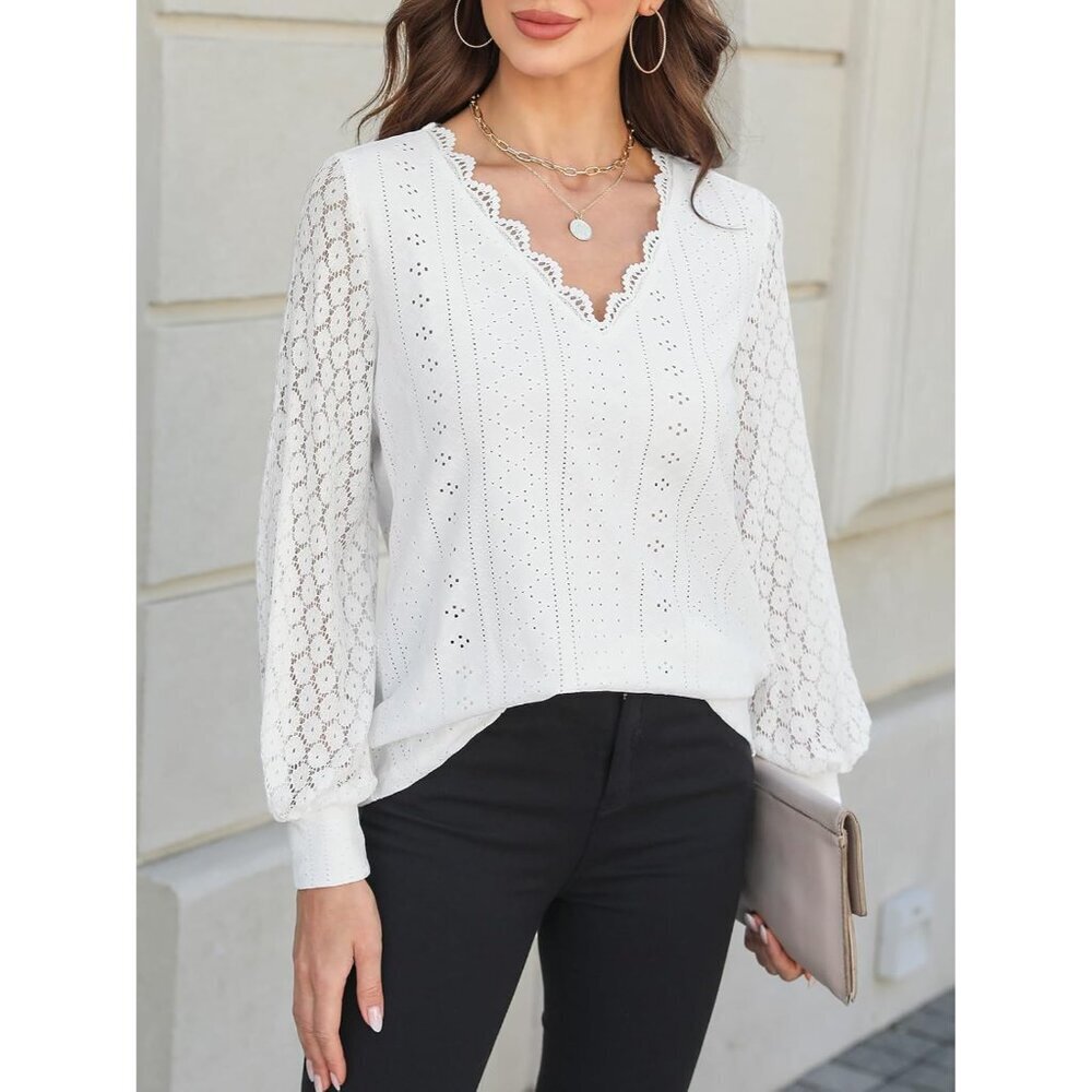 Long Sleeve Lace Top Women V-Neck Eyelet Scalloped Casual Blouse Small - Picture 2 of 6